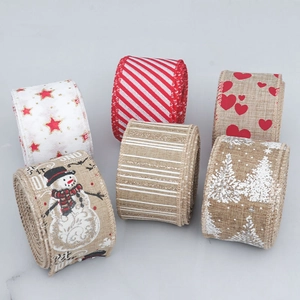 Christmas Faux Burlap Wired Edge Ribbon For Gift Wrapping DIY Craft Decor Rustic Snowman Tree Heart Star Print Festive