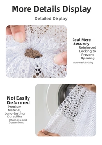Detail of white fine mesh laundry bag showing reinforced drawstring and secure locking buckle