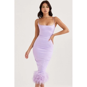 Close-up of lilac bodycon dress featuring elegant purple feather trim on the hemline