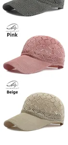 Vertical stack of breathable crochet knit baseball caps in grey, pink, and beige