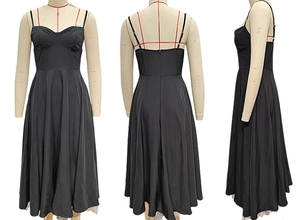 Detailed front, back, and side views of the black mesh dress on a mannequin model