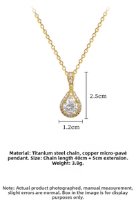 Detail of titanium steel gold waterdrop pendant with micro-set zircon and 40cm chain