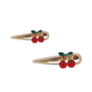 Red rhinestone cherry hair clips with green leaves and pearls on gold finish