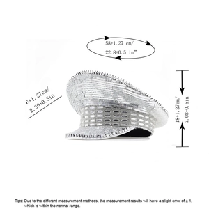 Dimensions du chapeau de capitaine à paillettes argentées avec rivets de fête