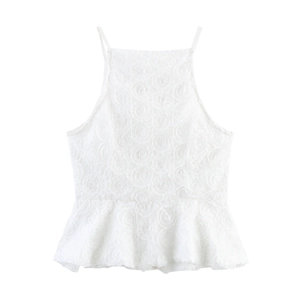 Women's white camisole top with floral texture, slim fit waist, and ruffled hem design