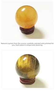 Polished natural citrine and tiger eye crystal spheres with wooden display bases