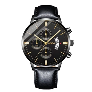 Close-up of Geneva men's quartz watch showing black dial with calendar and sub-dials