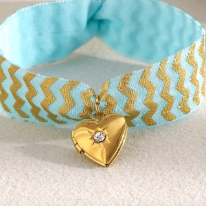 Heart Locket Bracelet Stainless Steel Gold Plated Light Blue Fabric Ribbon Strap With Crystal Jewelry For Women