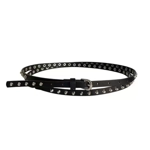 Ceinture fine en cuir noir punk Y2K avec rivets argentés et boucle en métal