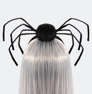 Detailed view of Halloween spider headband on silver-grey hair model for costume party