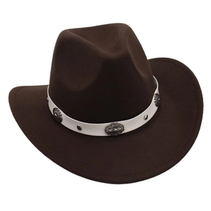 Close-up of dark brown felt cowboy hat featuring white belt with vintage floral rivets