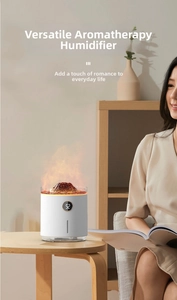 Macro detail of volcano aroma diffuser showing flame effect and LED digital display