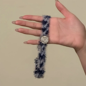 Blue and white plush woven sun pendant choker necklace with sparkling rhinestones