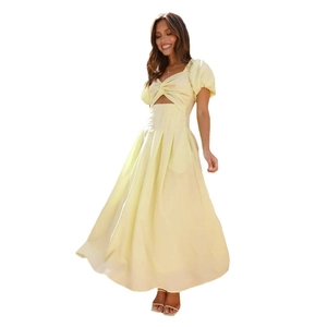 Elegant pale yellow backless midi dress with puff sleeves and front cutout details