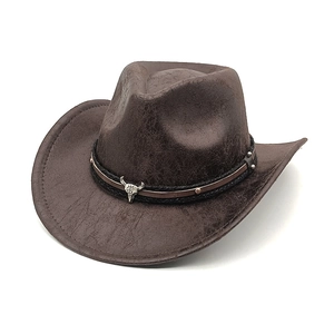 Western Cowboy Hat Faux Leather Distressed Wide Brim Steer Skull Metal Decor Retro Jazz Outdoor Sun Hat Unisex
