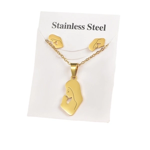 Golden stainless steel jewelry set featuring a necklace and stud earrings with profile icons
