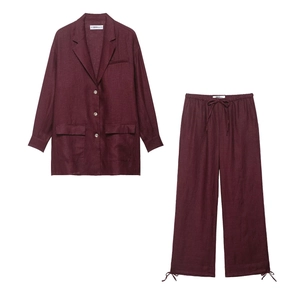 Women Blazer And Trousers Linen Texture Long Sleeve Oversized Jacket Drawstring Wide Leg Pants Casual Fashion Burgundy