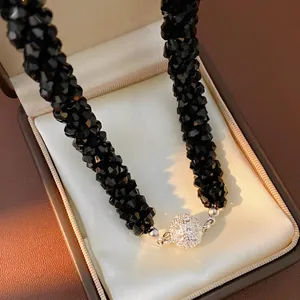 Elegant black multifaceted crystal bead necklace with sparkling magnetic pave ball clasp
