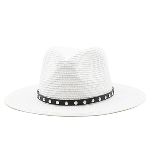 White woven fedora straw hat with a black studded band for outdoor sun protection