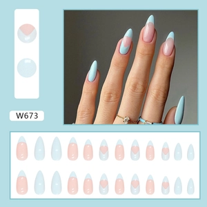 Almond-shaped press-on nails set in light blue and nude French style, 24 pieces (W673)