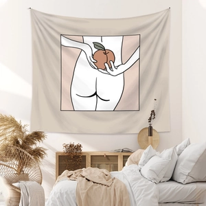 Close-up of minimalist line art tapestry with artistic human back and peach illustration