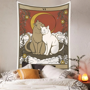 Close-up of bohemian cat tarot tapestry showing sun and sunflower details in a warm bedroom