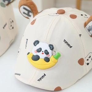Beige infant baseball cap with cute panda prints and soft 3D banana panda ear details