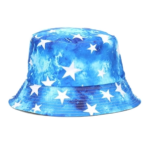 Unisex tie-dye bucket hat with blue starry sky texture and white star print for outdoors