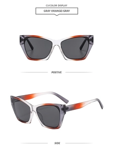 Detail showing vintage cat-eye sunglasses with gray-orange gradient frames and dark lenses