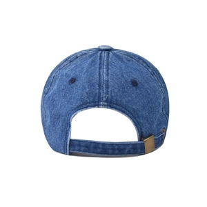 Detail of blue washed denim baseball cap with adjustable metal buckle on the back