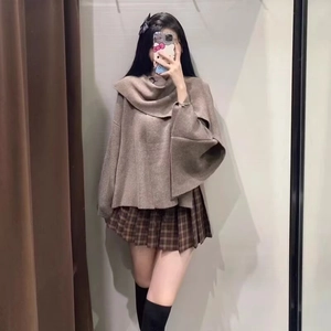 Brown knit scarf-style cape sweater and plaid pleated skirt stylish outfit set