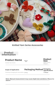 Close-up of handmade knitted Christmas ornaments including hearts and bows for DIY decor