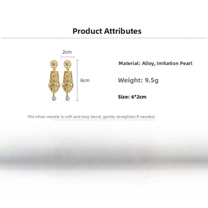 Detail showing dimensions of geometric gold hollow earrings with faux pearls and silver pins