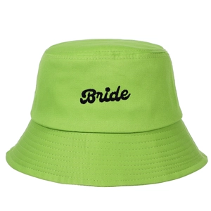 Close-up of black Bride embroidery on a light green cotton bucket hat with clean stitching