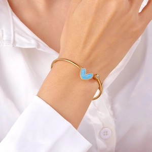 Heart Stainless Steel Open Bangle Elegant Enamel Heart And Zircon Adjustable Fashion Jewelry Gift For Women