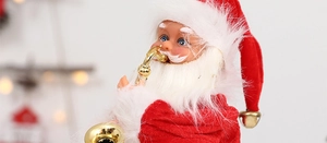 Detail of musical Santa Claus doll playing saxophone with vivid textures and festive colors