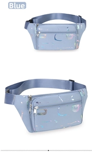 Blue oxford cloth waist bag with colorful lettering and multiple zipper compartments