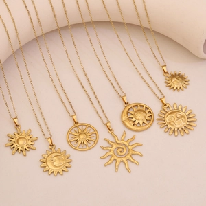 Sun Moon Face Pendant Necklace Stainless Steel Gold Plated Celestial Unique Clavicle Chain Jewelry For Women