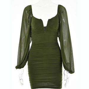 Detail view of military green mesh mini dress with deep V-neck and ruched texture