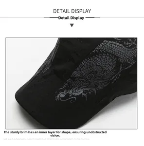 Detail view of black breathable mesh fabric with dragon print and structured cap brim