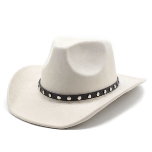 Detailed view of ivory suede fedora featuring a black leather band with silver metal studs