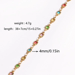 Macro view of 18K gold plated necklace with 4mm colorful square zircons and dimensions