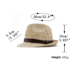 Handwoven straw fedora hat with brown leather band showing size and weight specifications