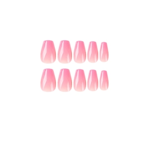 Pink ombre press-on nails in short coffin shape with a glossy finish on white background