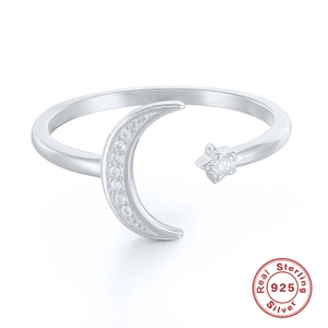 Minimalist S925 sterling silver open ring with star and moon zircon accents