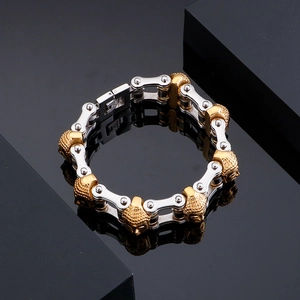 Punk style men's stainless steel chain bracelet with gold Buddha head and biker links