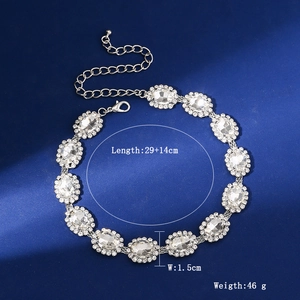 Detail view of silver layered rhinestone necklace with lobster clasp and size dimensions