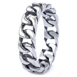 Classic silver stainless steel cuban curb link chain ring with vintage polished finish