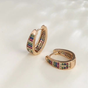 Gold hoop earrings with multicolored gemstones in a luxury geometric design for women