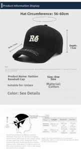 Detailed size guide for cotton baseball cap showing brim length and head circumference